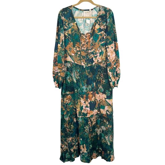 NEW Soft Surroundings Dakota Maxi Dress Long Sleeve Green Floral Boho - LARGE - Picture 1 of 9